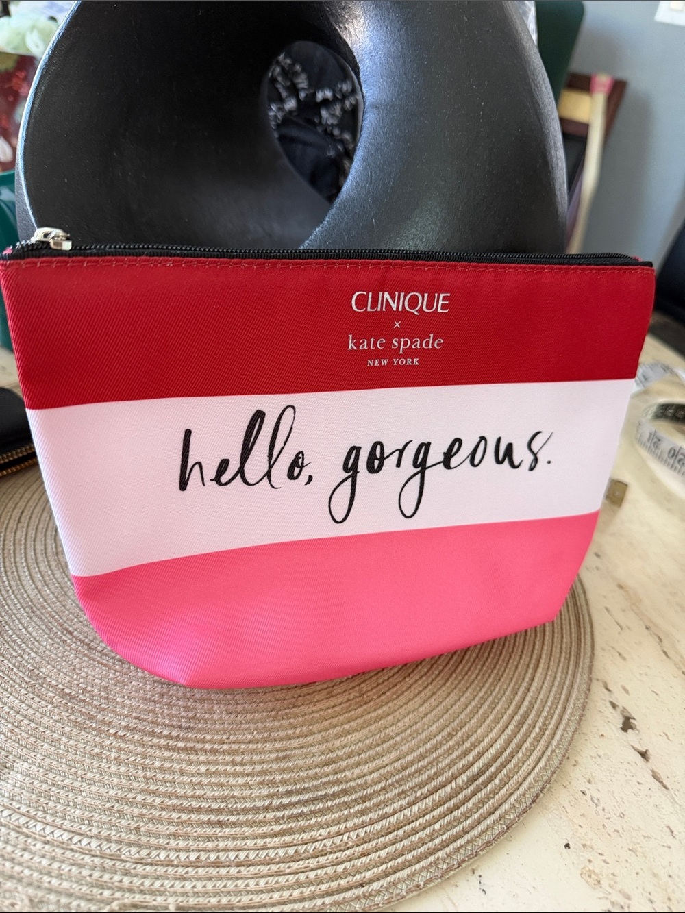 kate spade x Clinique Light Pink & Red Striped Cosmetic Pouch "Hello, Gorgeous."